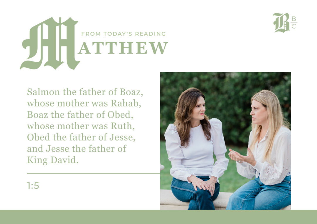 Two women discussing Rahab's mention in Matthew 1:5 during outdoor Bible study.