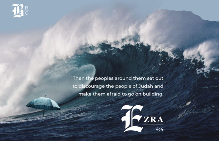 Large ocean wave cresting with white foam against a stormy sky, overlaid with the Bible verse Ezra 4:4.