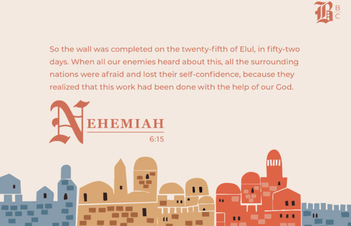 Nehemiah 7 commentary illustration showing Jerusalem's rebuilt walls completed in 52 days with God's help
