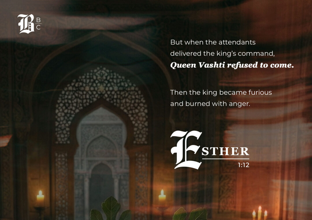 Esther 1 commentary image showing Queen Vashti's refusal and the King's anger over an ornate palace backdrop.