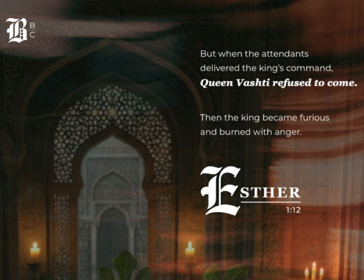 Esther 1 commentary image showing Queen Vashti's refusal and the King's anger over an ornate palace backdrop.