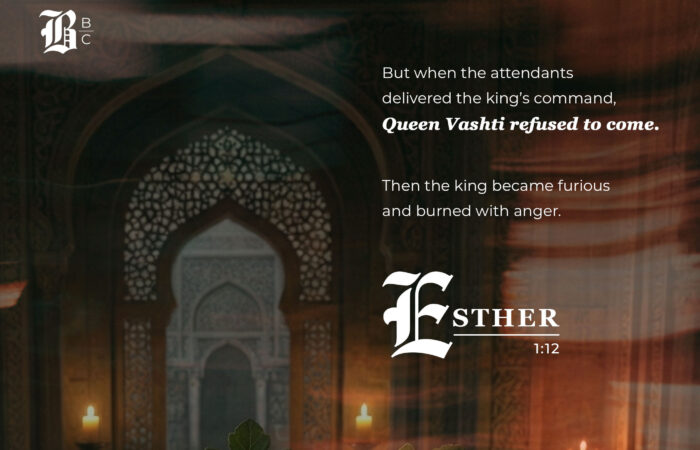 Esther 1 commentary image showing Queen Vashti's refusal and the King's anger over an ornate palace backdrop.