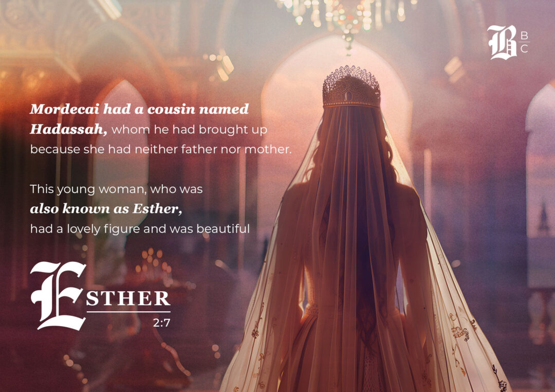 Esther 2 commentary image showing a veiled, crowned woman facing a golden light, symbolizing Esther's transformation.
