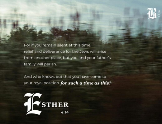 Esther 4:14 quote on moody landscape — Mordecai's "for such a time as this" challenge to Queen Esther