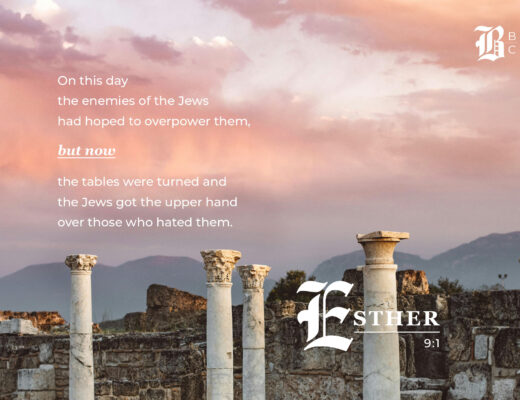 Ancient Roman columns at sunset with Esther 9:1 quote about the tables turning for the Jews.