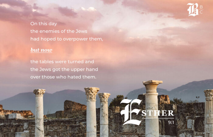 Ancient Roman columns at sunset with Esther 9:1 quote about the tables turning for the Jews.