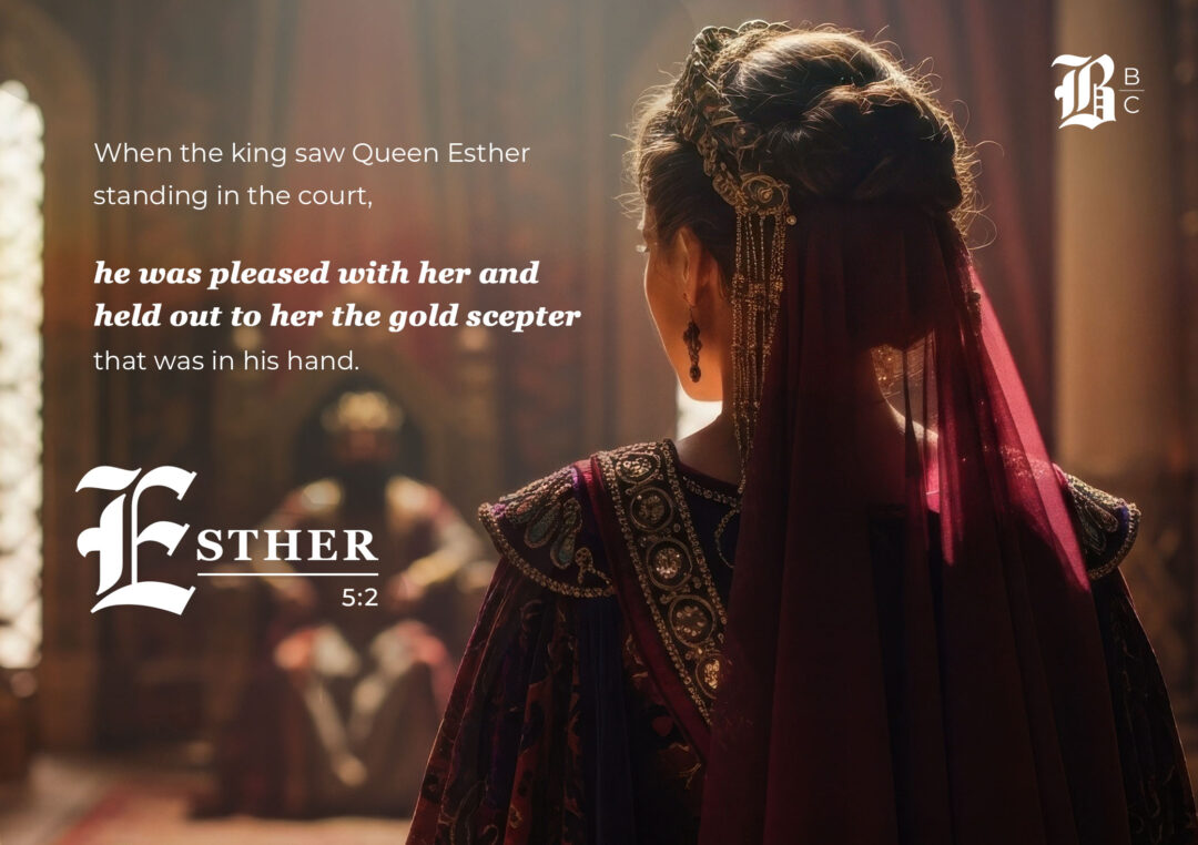 Queen Esther stands before King Xerxes in royal robes as he extends the gold scepter — Esther 5:2