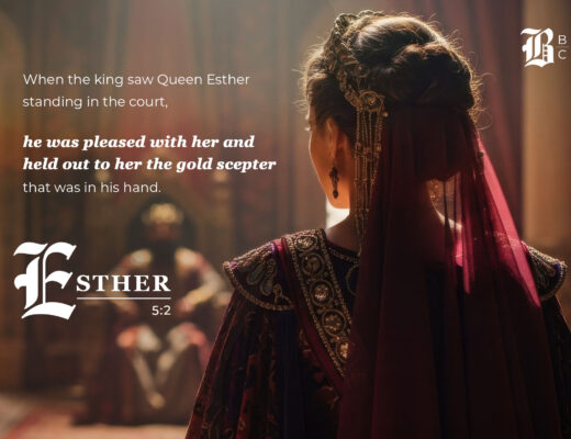 Queen Esther stands before King Xerxes in royal robes as he extends the gold scepter — Esther 5:2