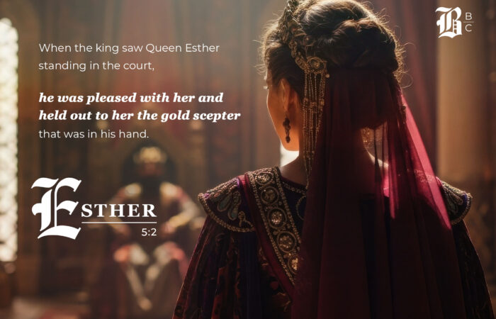 Queen Esther stands before King Xerxes in royal robes as he extends the gold scepter — Esther 5:2