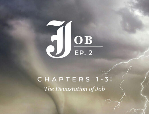 Stormy sky with a tornado and lightning, featuring the text "Job Ep. 2 Chapters 1-3: The Devastation of Job."