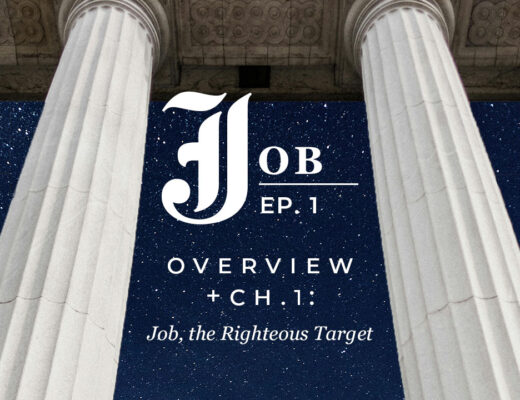 Marble columns frame a starry night sky for Bible Book Club's Job 1 commentary: Overview and Chapter 1