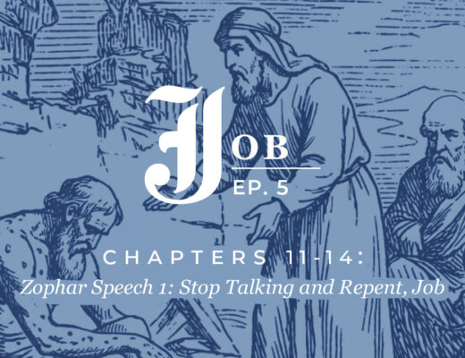 Bible Book Club Episode 5 featured image for Job 11–14 showing Job on the ash heap with his three friends