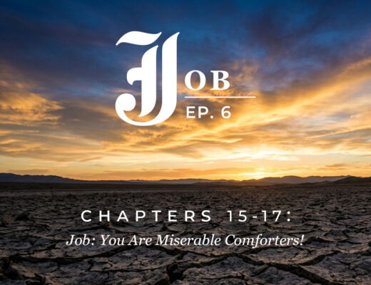 Bible Book Club Episode 6 featured image for Job 15–17: cracked desert earth beneath a dramatic sunrise sky.