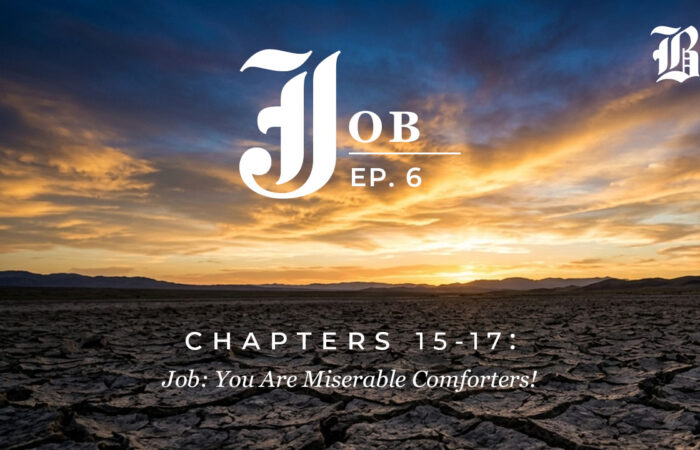 Bible Book Club Episode 6 featured image for Job 15–17: cracked desert earth beneath a dramatic sunrise sky.